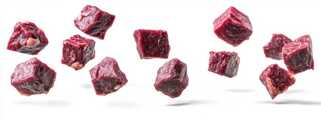 Beef cubes soaring in various directions, isolated on a clean background for culinary creativity.