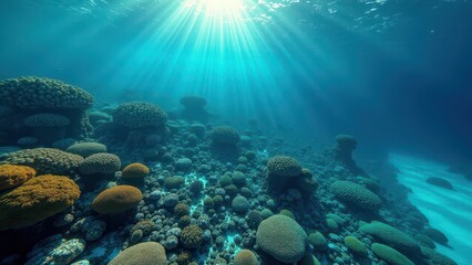 Naklejka premium Colorful coral reef underwater with sunlight rays shining through the water 