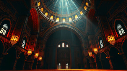 Obraz premium Dramatic Mosque Interior with Intense Lighting and Realistic Mosaics