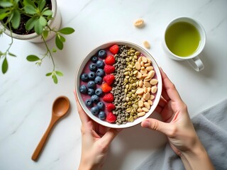 Smoothie bowl with blueberries, raspberries, granola, and nuts, held by two hands on a marble table with a potted plant and a cup of green tea