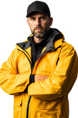 Fototapeta premium Portrait of a cheerful manufacturing worker wearing a safety hat, isolated on a transparent background. Ideal for industrial themes, workplace safety, or corporate projects. High-quality image showcas