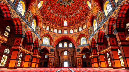 Obraz premium Realistic Mosque Interior with Warm Reds, Oranges, and Yellows and Intricate Mosaics