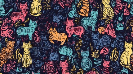 Fototapeta premium Colorful Cat Pattern on Dark Background with Floral Elements