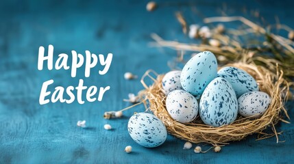 Beautiful pastel eggs arranged in a nest with a cheerful greeting celebrating Easter festivities