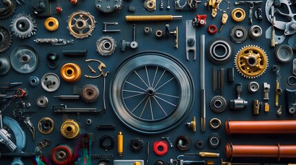 Fototapeta premium Arrangement of Various Metal Mechanical Components on Dark Background