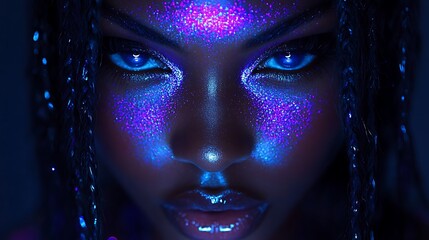 Glowing face paint, woman, dark background, portrait, beauty