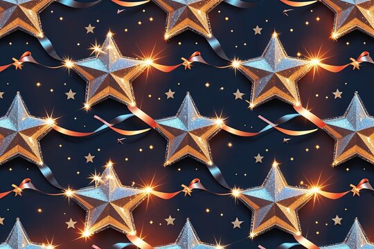 Realistic Sparkling Stars and Ribbons Decorative Seamless Pattern for Celebration
