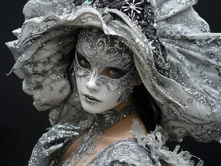 Gordijnen Venetian Masquerader in Cascading Silver Dress with Snowflake Motifs and Sparkling Mask © Bussakon