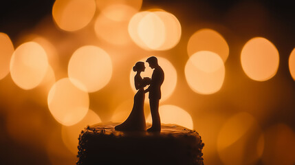 silhouette of couple figurines on weeding cake top