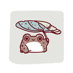 A cute toad is hiding behind a lotus leaf. A doodle-style frog. A funny animal to print on a T-shirt.