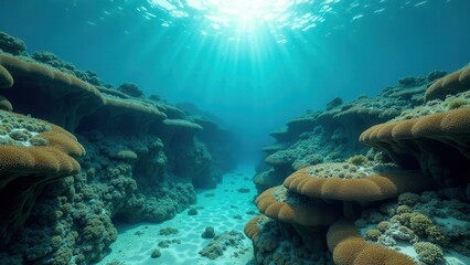 Obraz premium Sunlight illuminating underwater coral reef affected by coral bleaching 