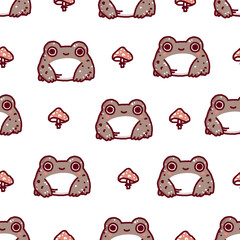 Seamless vector pattern with frogs in a Scandinavian cute style. Frogs with doodle mushrooms.