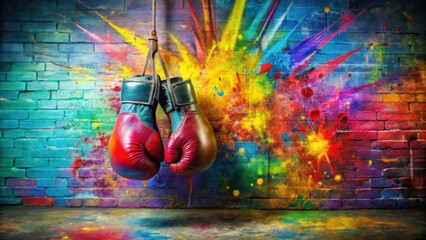 Vibrant Wall Art with Hanging Red Boxing Gloves in Graffiti Background