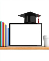 A graduation cap sits atop a laptop, with colorful books and a coffee cup beside it, symbolizing online education and scholarly achievements.