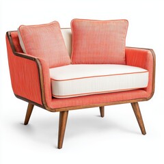 Fluorescent coral mid-century modern loveseat with elegant stitching isolated on white