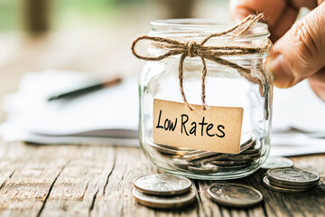 A hand holding a glass jar filled with coins labeled "Low Rates" on a rustic wooden table with scattered coins, documents, and a pen in the blurred background.