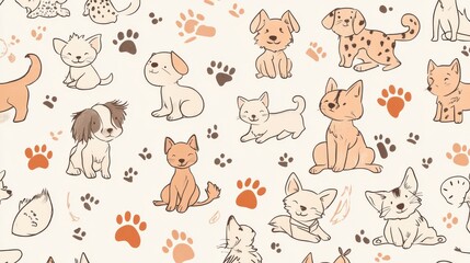 Cute Cartoon Animals Pattern with Dogs and Cats on Light Background