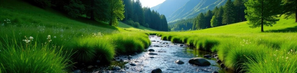 Obraz premium A mountain stream flows through a lush green meadow, trees, grass, mountain