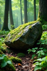 Obraz premium A moss-covered granite boulder lies in the forest floor amidst ferns and wildflowers, foliage, trees