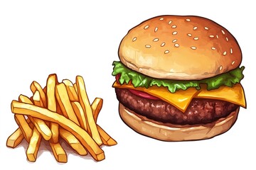 Juicy Cheeseburger and Crispy Fries: A Classic American Meal. Isolated on white background, perfect for menus, restaurant websites, food blogs, and advertising. High-quality image ideal for print and 