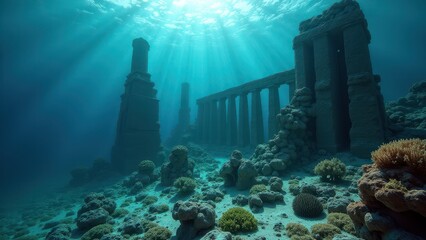 Underwater ancient ruins surrounded by coral reef affected by coral bleaching	