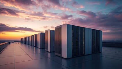 Rooftop server farm at sunset