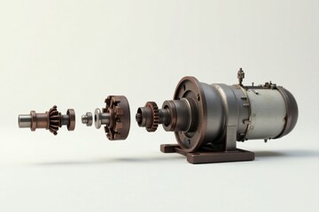 Detailed disassembled view of a vintage industrial motor showcasing intricate gears and components against a neutral background