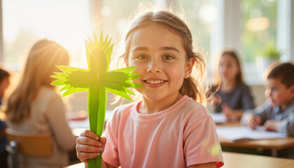 Cheerful girl crafting palm cross in classroom, Palm Sunday celebration