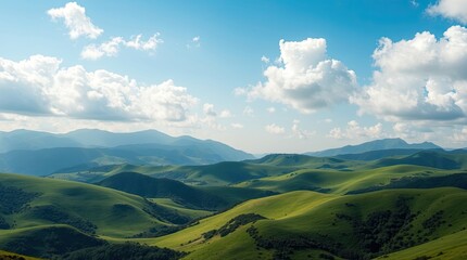 Obraz premium Vast rolling green hills under a vibrant blue sky adorned with fluffy white clouds in a serene landscape