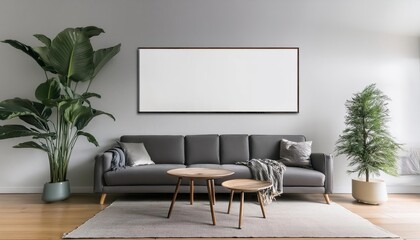 Stylish Modern Living Room Showcasing a Sleek Mockup Frame in a Minimalistic Setting, Radiating Elegance and Sophistication with Neutral Tones and Textured Surfaces
