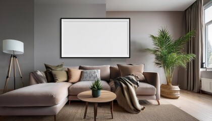 Modern Living Room Mockup with Frame A Chic Minimalist Space Bathed in Soft Light and Textured Neutrals, Perfect for Digital Art, Home Decor, or Design Inspiration.