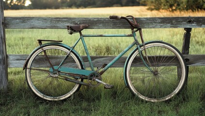 Fototapeta premium Rusty bike leaning on rural fence at sunset