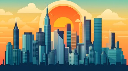 City Skyline at Sunset with Tall Buildings