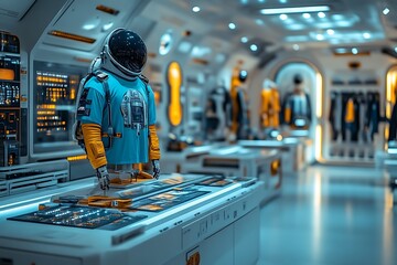 Futuristic astronaut mannequin in space station retail display