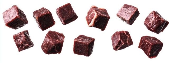 Beef cubes soaring in various directions, isolated on a clean background for culinary creativity.
