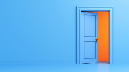 Minimalist Blue Room with Open Door Revealing Bright Orange Interior, Symbolizing Opportunity and Change