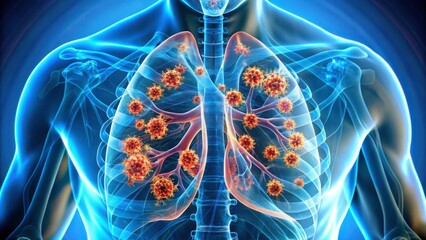 3D Medical Illustration of Human Lungs with Virus Particles Present
