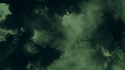 Covered in colored clouds, dark green watercolor background on clean paper texture
