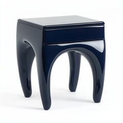 Glossy navy blue bedside table with sculptural curved legs isolated on white