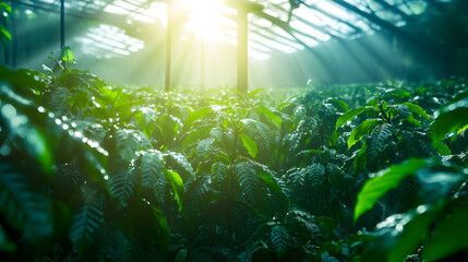 Obraz premium coffee farm where genetically engineered coffee trees grow under artificial organic light, with robotic insects pollinating them 