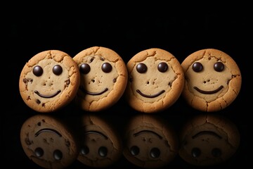 Fototapeta premium three cookies with chocolate chips and a smiley face on them