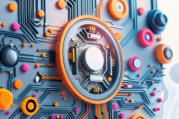 Obraz premium Elegant Icon with Modern Circuitry on a Light Background Featuring Lively and Colorful Elements