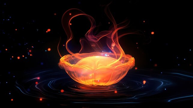 A glowing atolla jellyfish spinning as it floats through the darkness