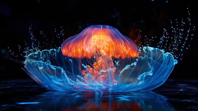 A glowing atolla jellyfish spinning as it floats through the darkness