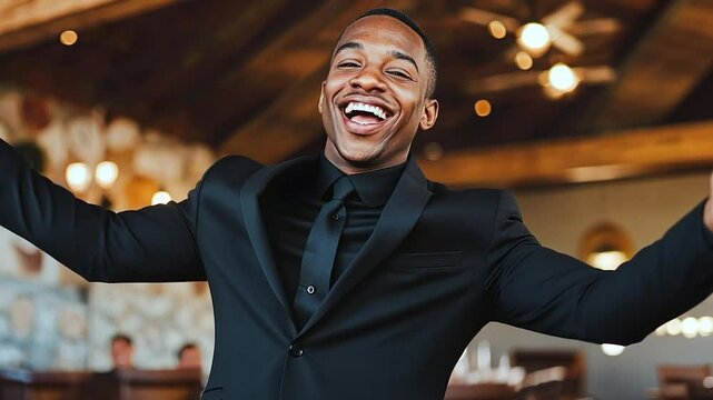 Joyful Black man in a black suit with open arms, welcomes guests.