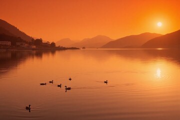 Naklejka premium Sunset over water ducks island mountains reflection