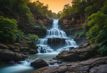 Fototapeta premium Cascading Serenity, A Multi-Tiered Waterfall Amidst Lush Greenery