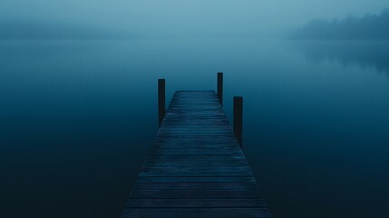 Wooden Dock Extending into Misty Lake