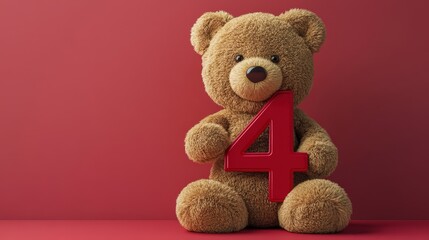 Bear holds large red number four against a solid red background for a cheerful celebration or decoration, birthday party