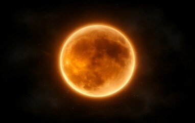 Glowing orange full moon in starry night sky